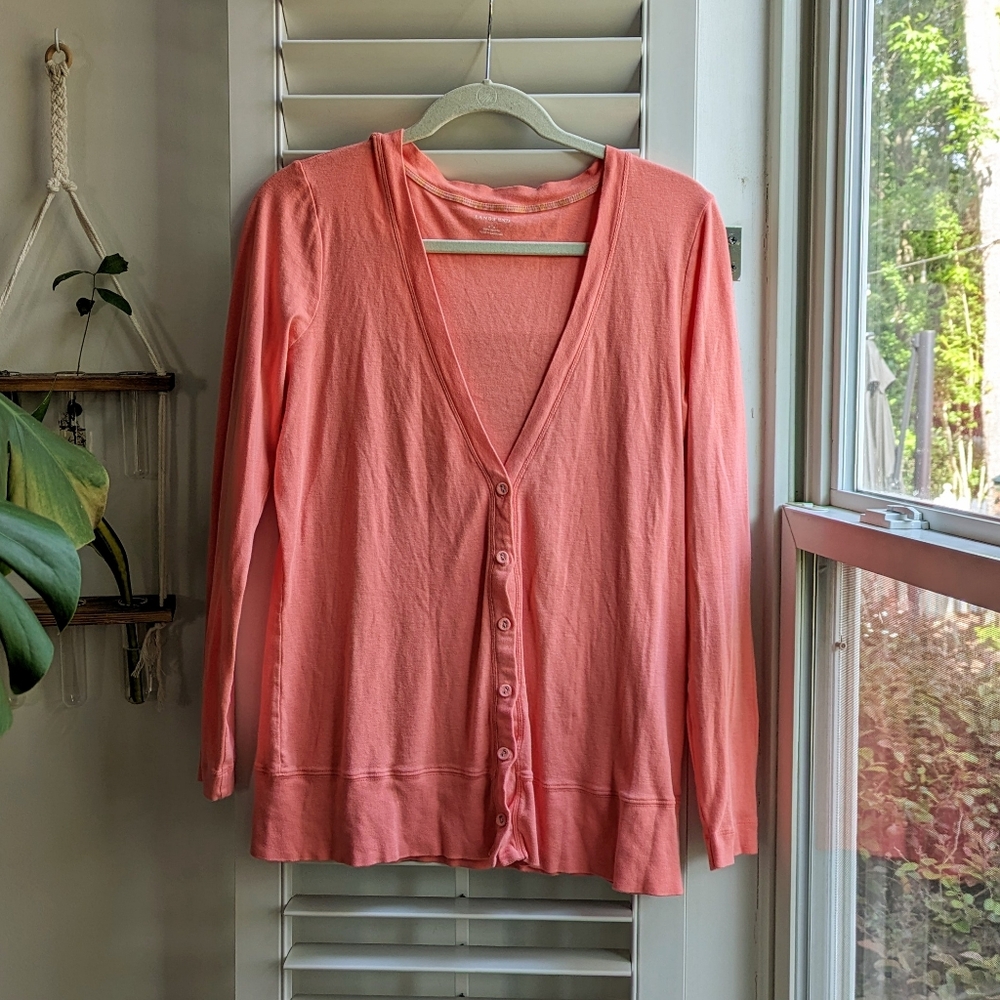 Lands' End coral long sleeve button tee